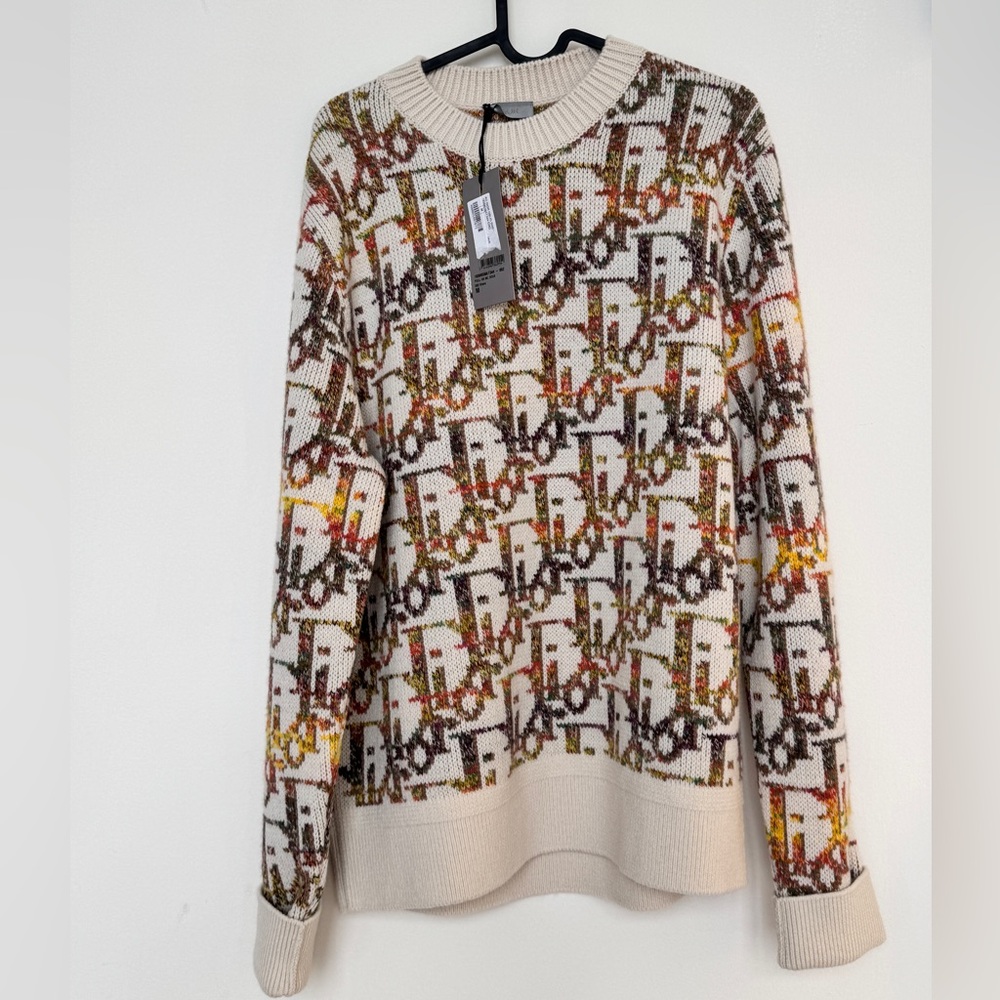 Christian Dior Obique Jacquard Knitted Wool Sweater Beige and Brown Unisex Style